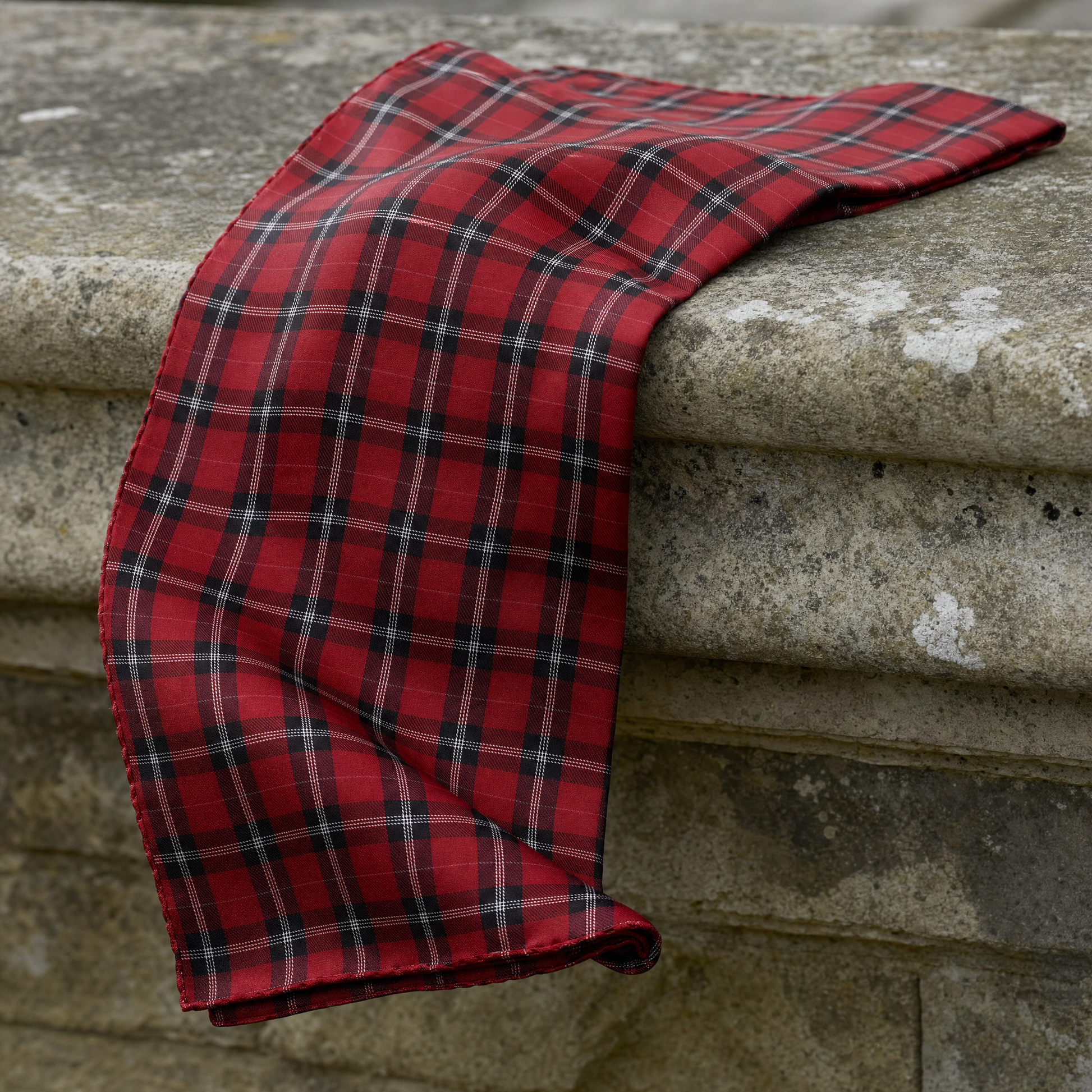 The Red Classic Plaid Silk Cravat — 100% silk cravat, draped detail