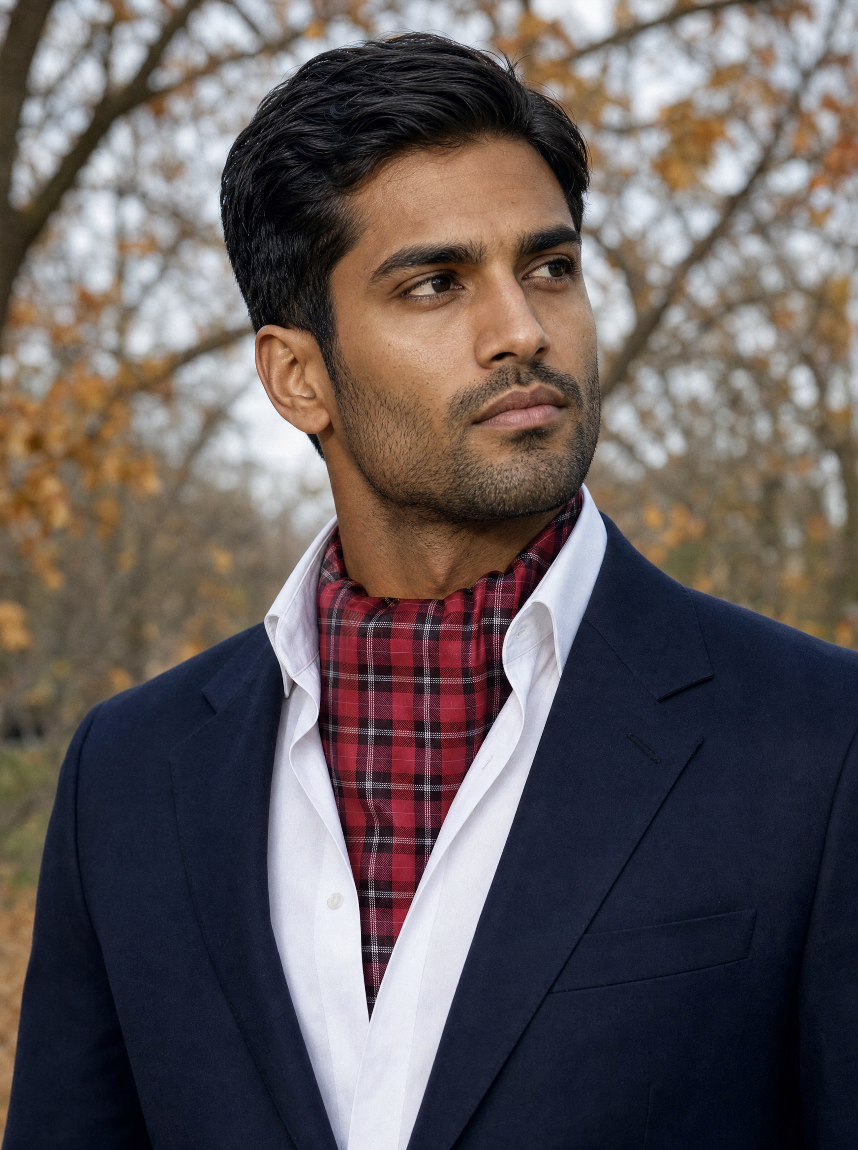 The Red Classic Plaid Silk Cravat worn by a model — men's cravat