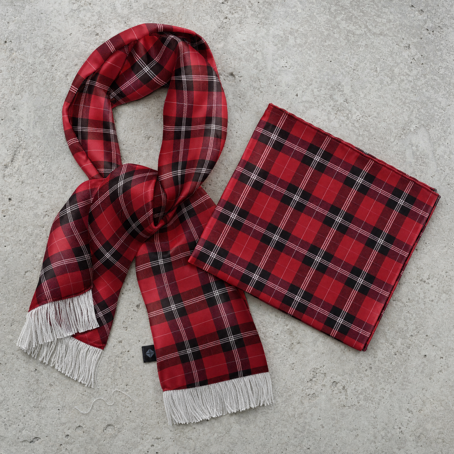 The Red Classic Plaid Silk Scarf & Pocket Square Set — 100% silk scarf, draped detail