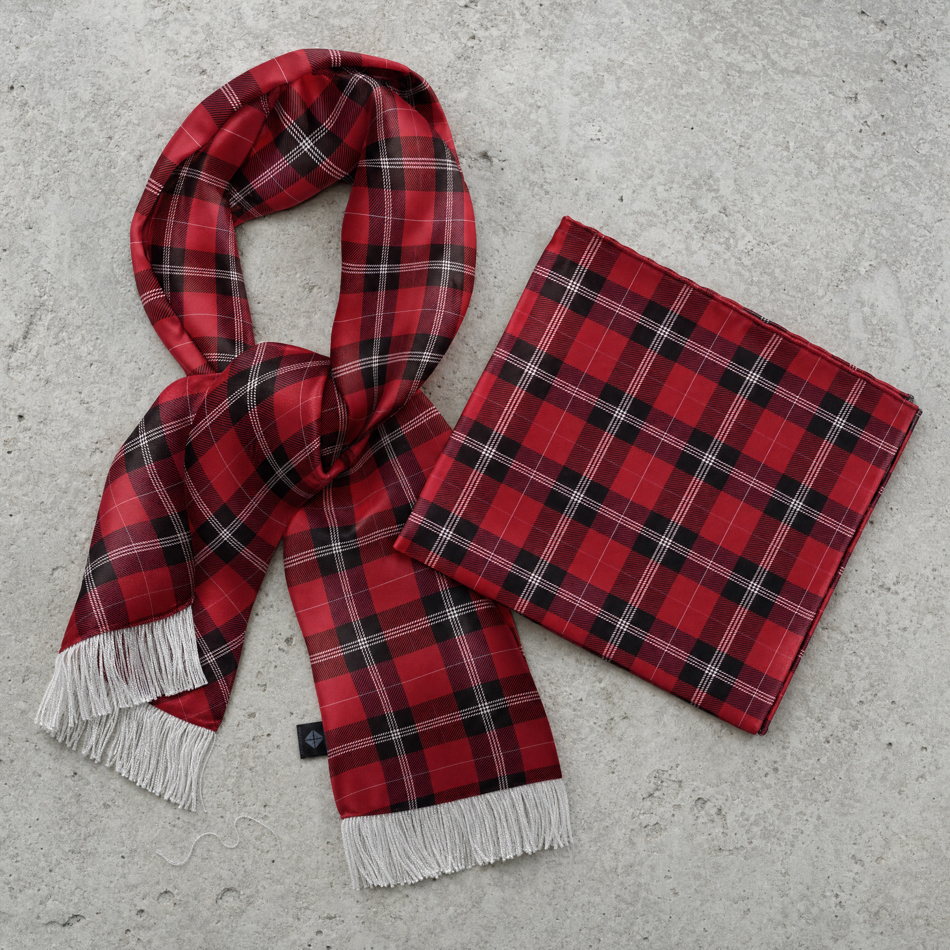 The Red Classic Plaid Silk Scarf & Pocket Square Set — 100% silk scarf, draped detail