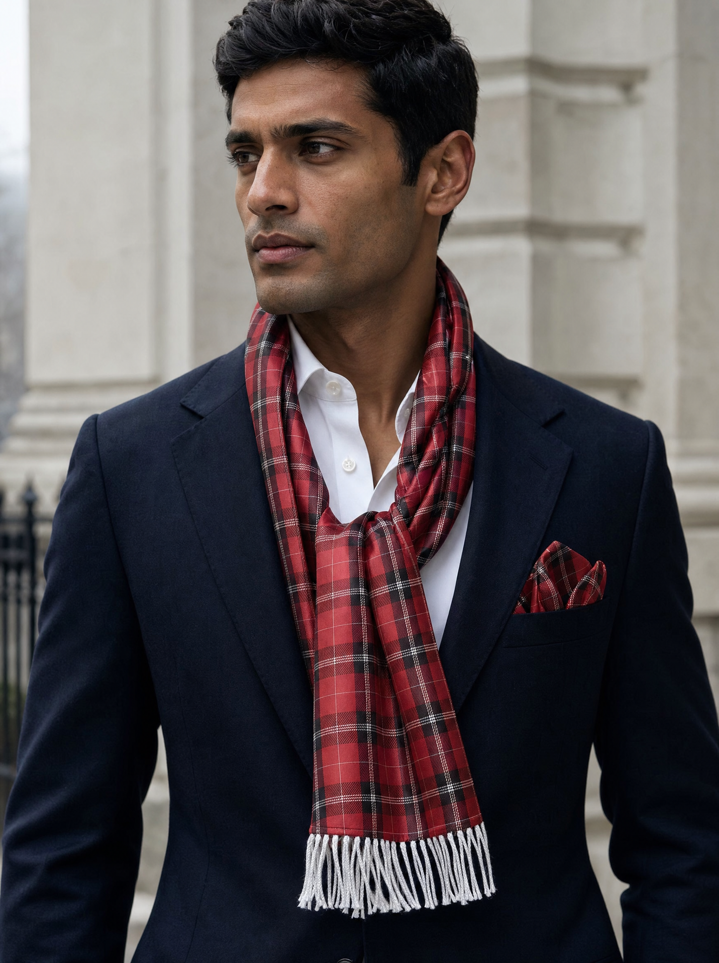 The Red Classic Plaid Silk Scarf & Pocket Square Set worn by a model — men's scarf
