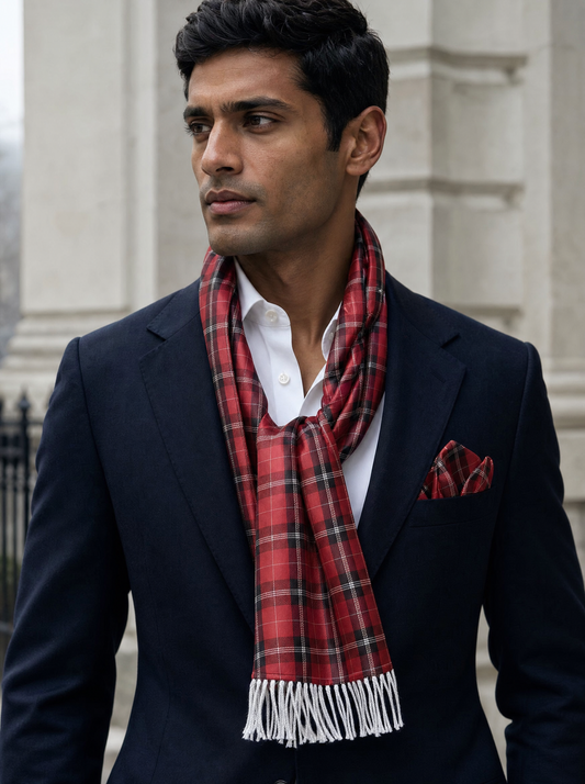 The Red Classic Plaid Silk Scarf & Pocket Square Set worn by a model — men's scarf