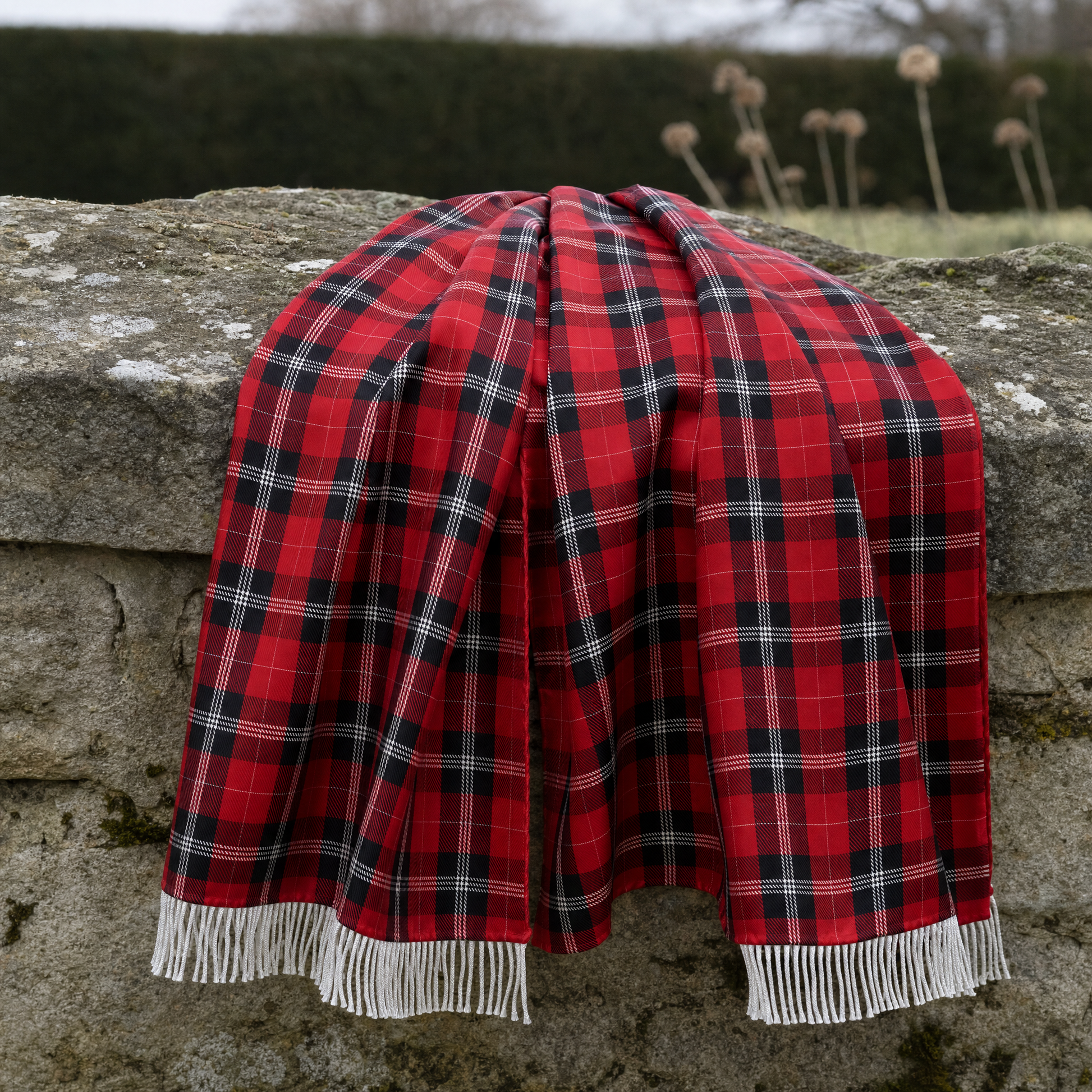 The Red Classic Plaid Silk Scarf — 100% silk scarf, draped detail