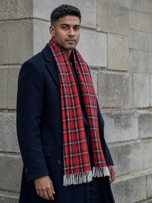 The Red Classic Plaid Silk Scarf worn by a model — men's scarf