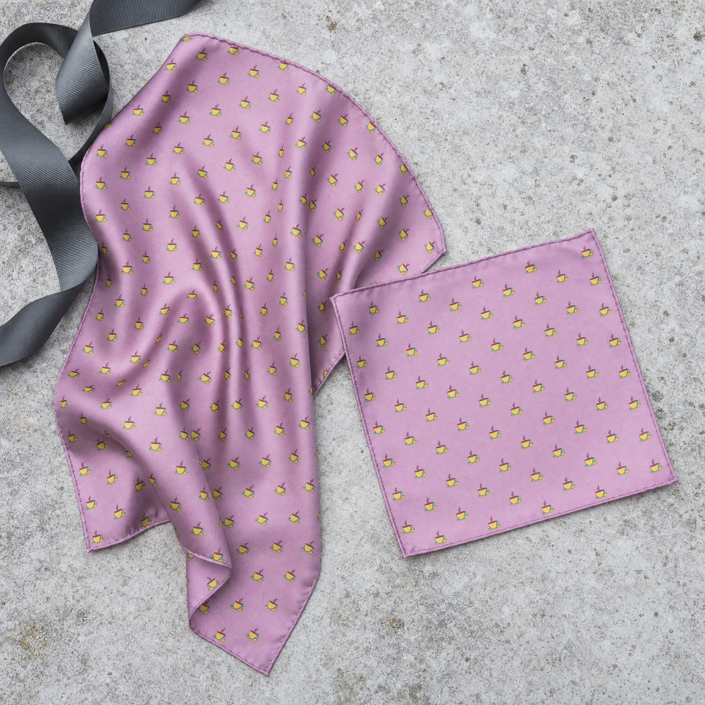 The Pink Tea Party Silk Scarf & Pocket Square Set — 100% silk scarf, draped detail