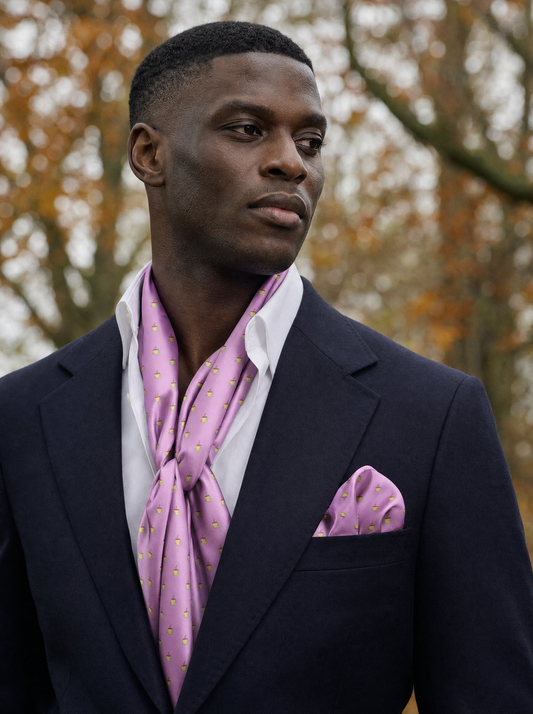 The Pink Tea Party Silk Scarf & Pocket Square Set worn by a model — men's scarf