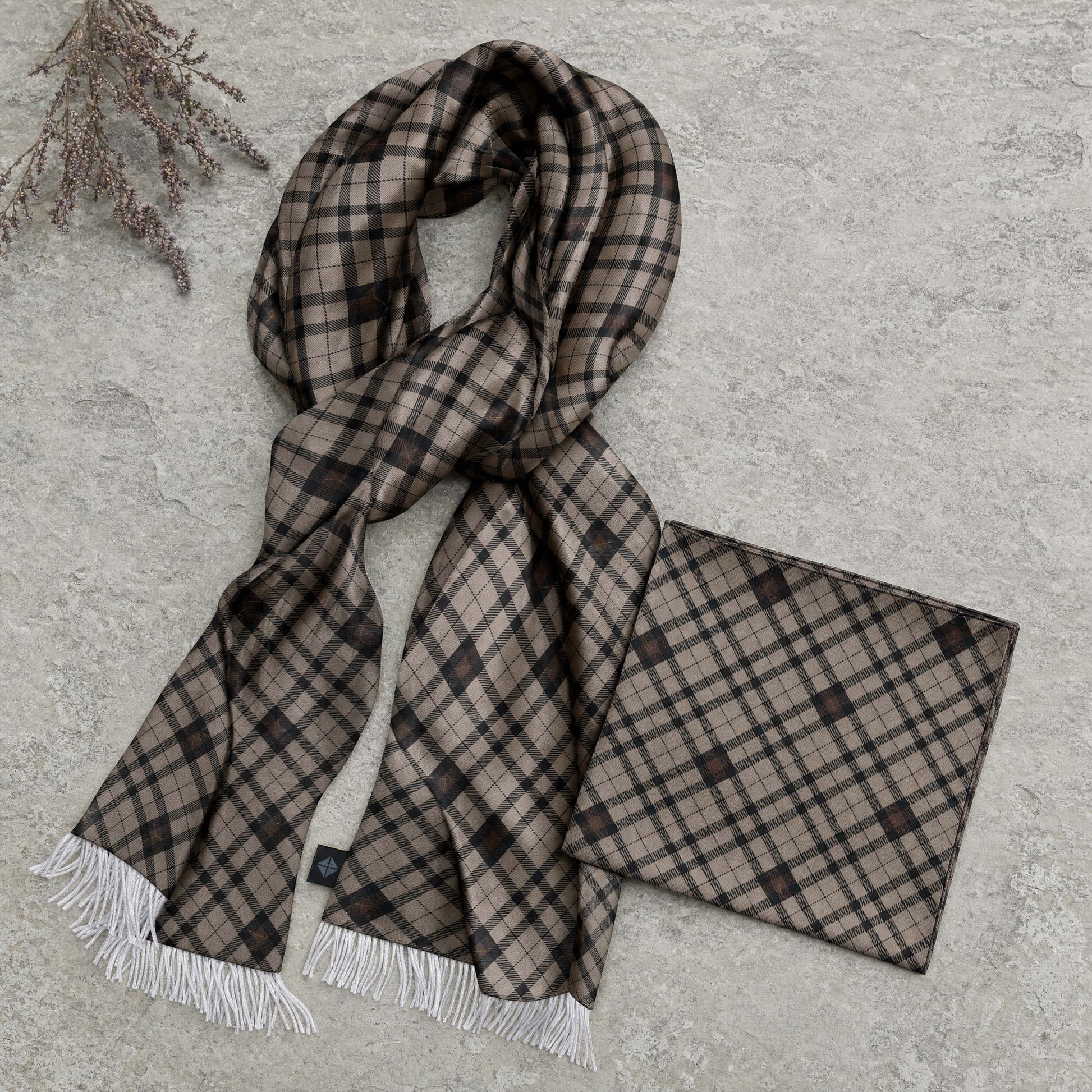 The Umber Brown Plaid Silk Scarf & Pocket Square Set — 100% silk scarf, draped detail