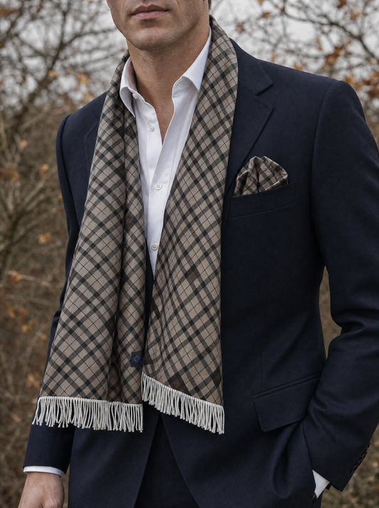 The Umber Brown Plaid Silk Scarf & Pocket Square Set worn by a model — men's scarf