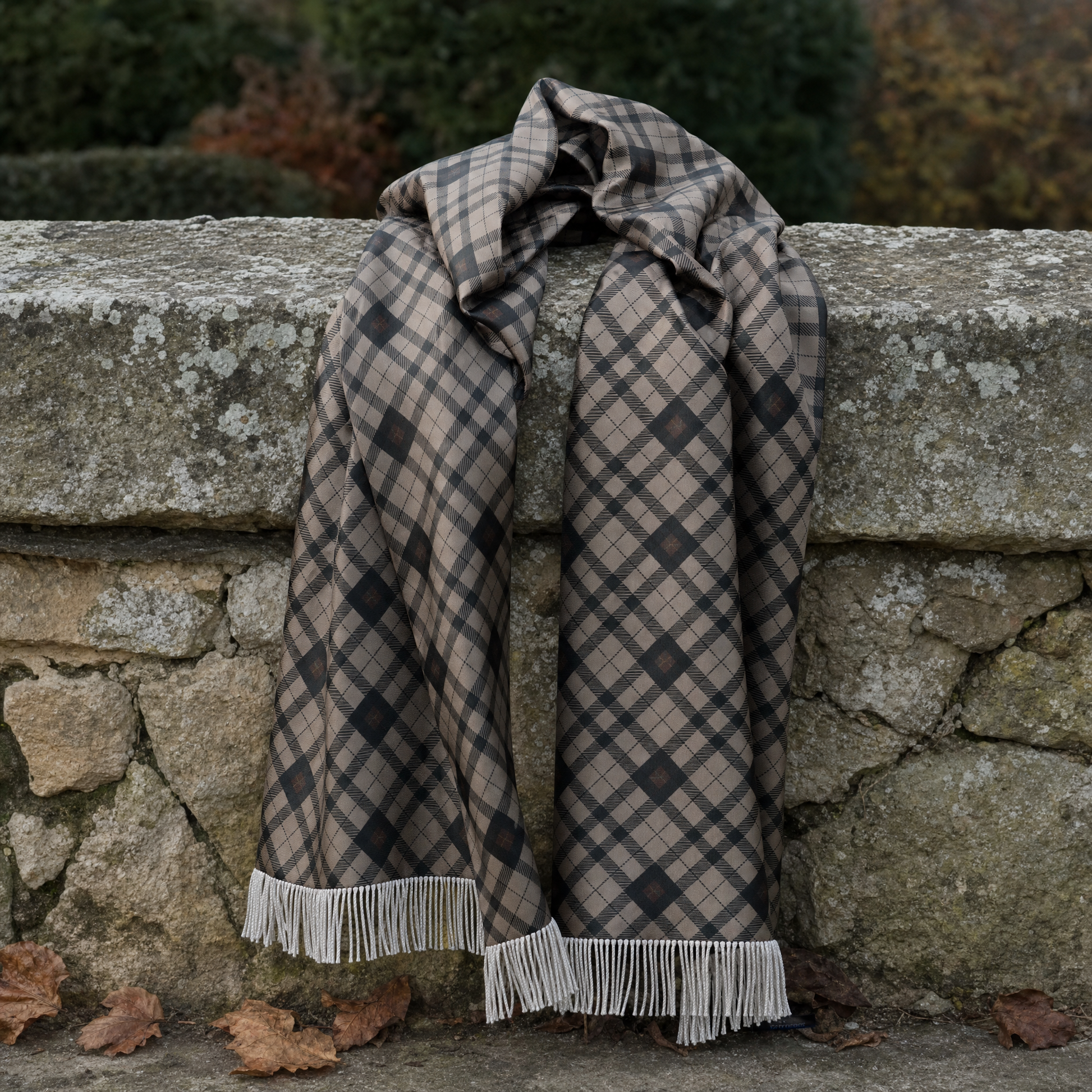 The Umber Brown Plaid Silk Scarf — 100% silk scarf, draped detail