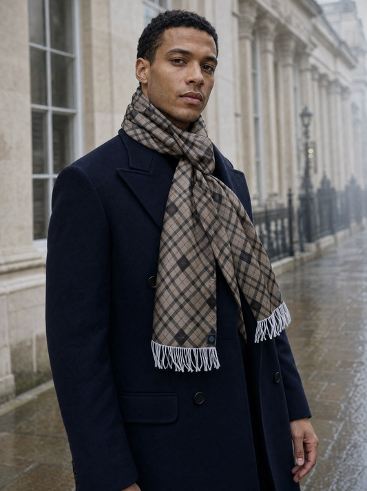 The Umber Brown Plaid Silk Scarf worn by a model — men's scarf