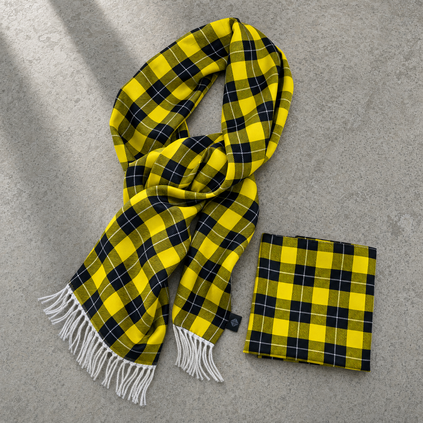 The Yellow Classic Plaid Silk Scarf & Pocket Square Set — 100% silk scarf, draped detail