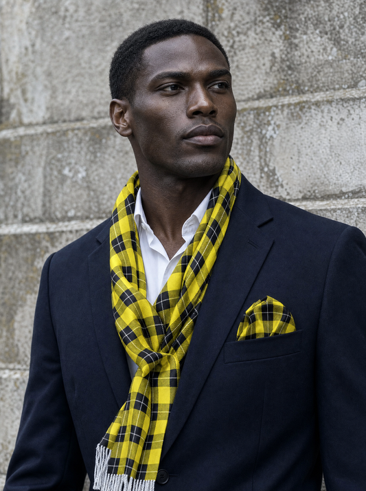 The Yellow Classic Plaid Silk Scarf & Pocket Square Set worn by a model — men's scarf
