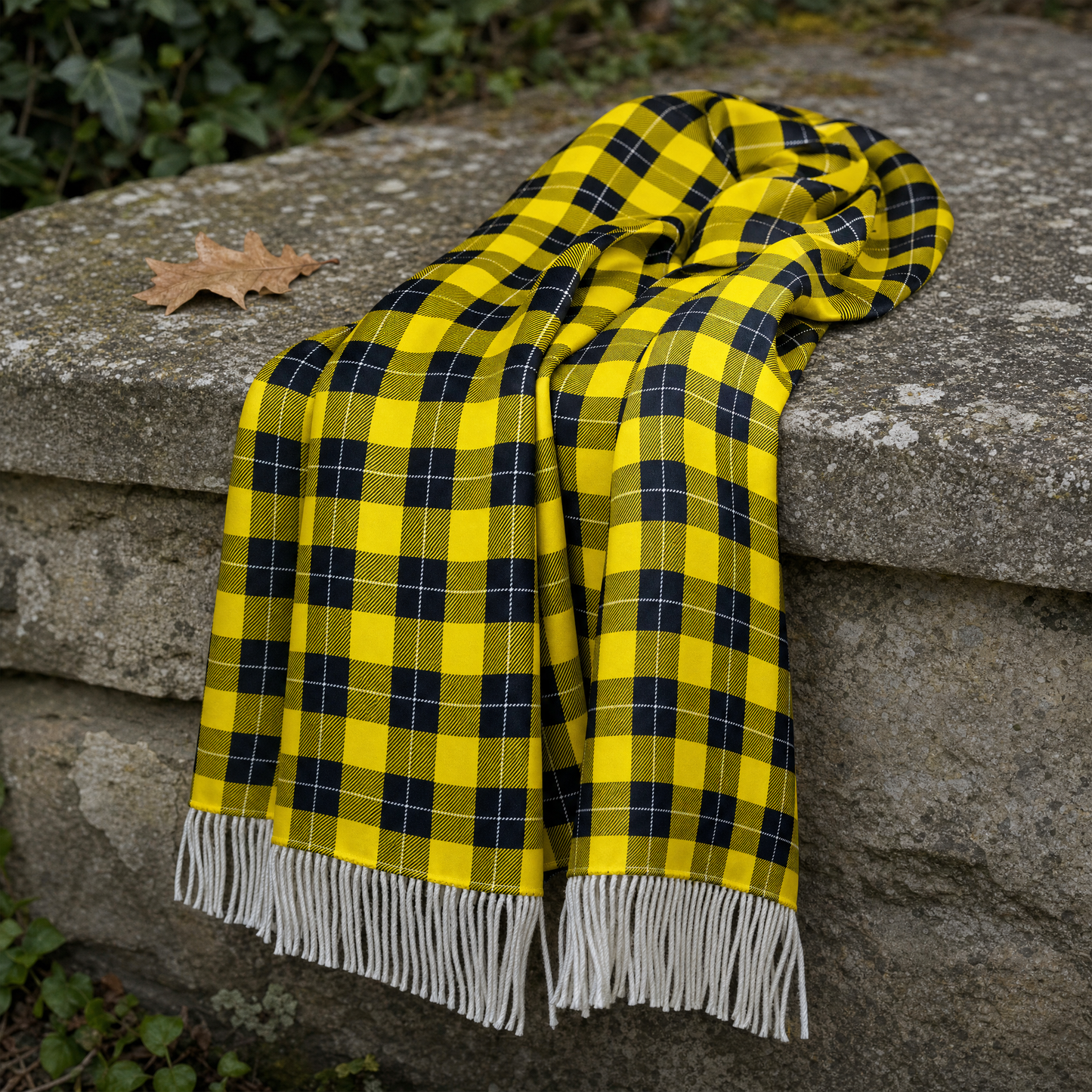 The Yellow Classic Plaid Silk Scarf — 100% silk scarf, draped detail