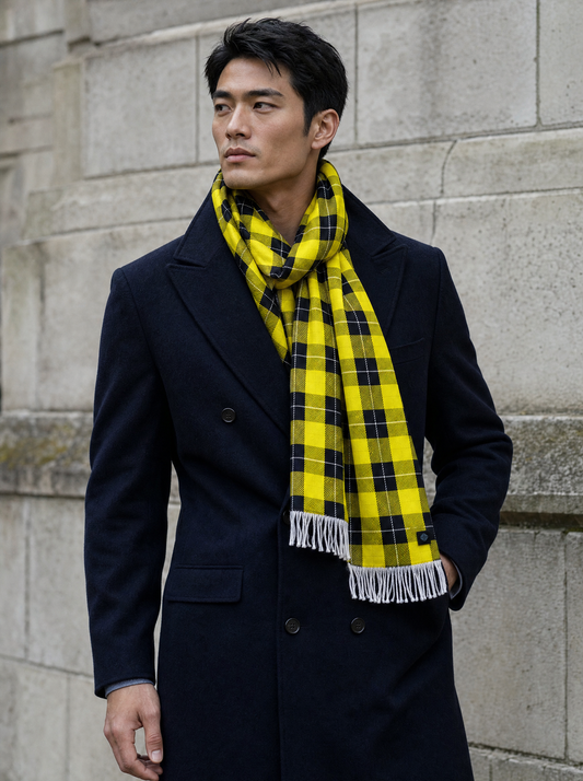 The Yellow Classic Plaid Silk Scarf worn by a model — men's scarf