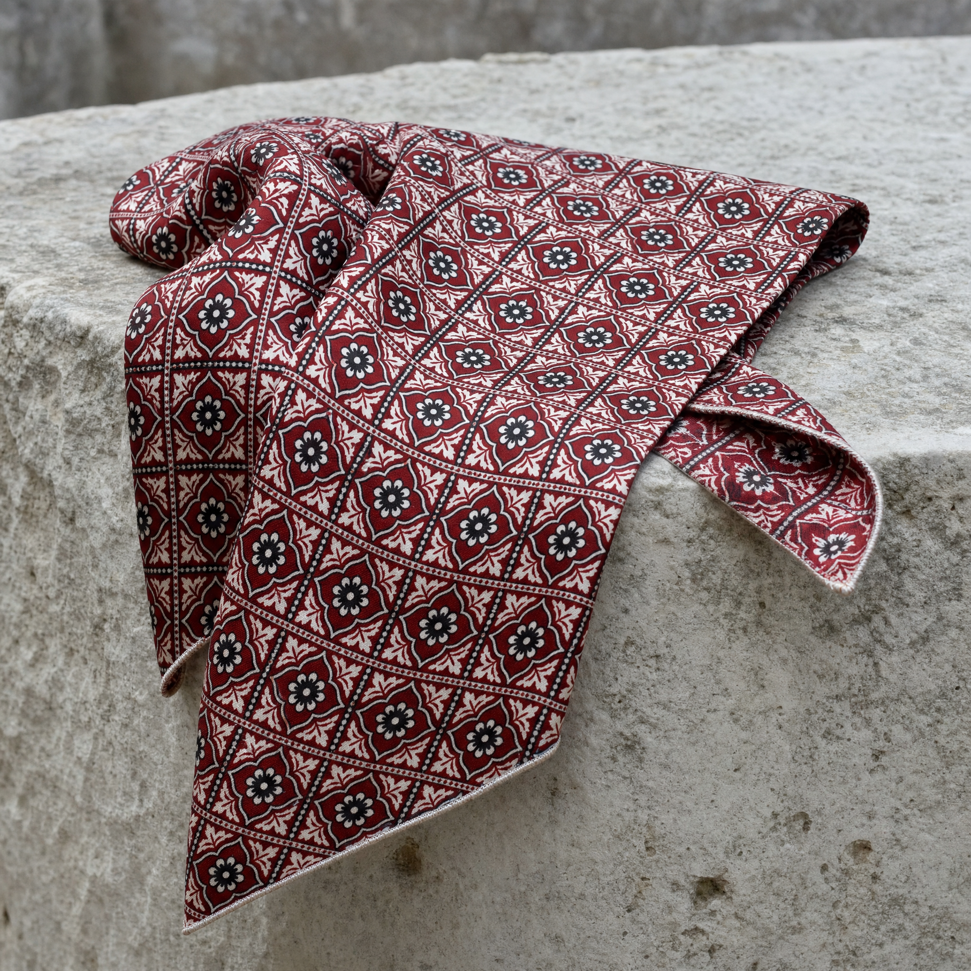 Traditional Ajrak Silk Cravat & Pocket Square Set (Luxe Collection) — 100% silk cravat, draped detail