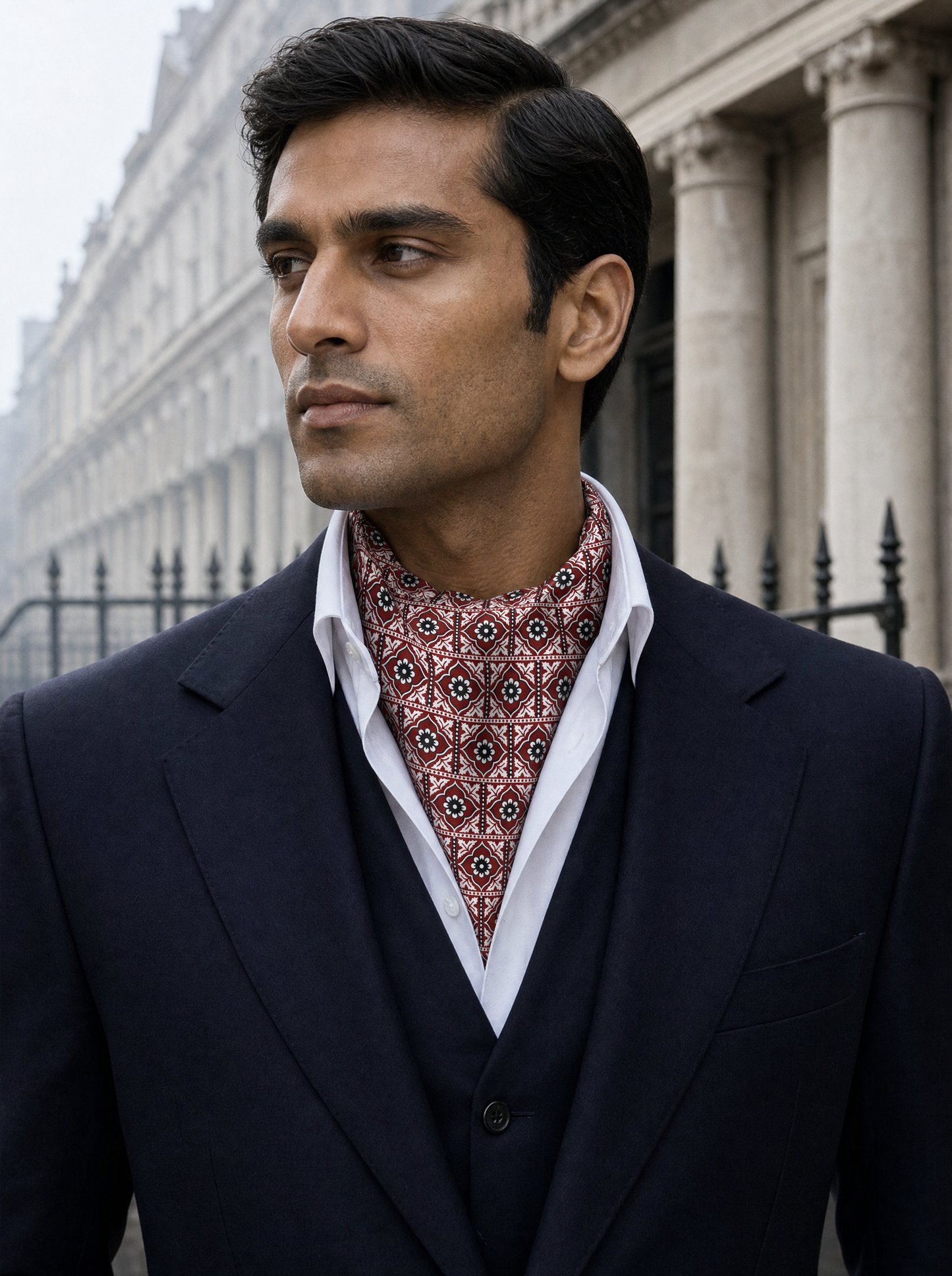 Traditional Ajrak Silk Cravat & Pocket Square Set (Luxe Collection) worn by a model — men's cravat