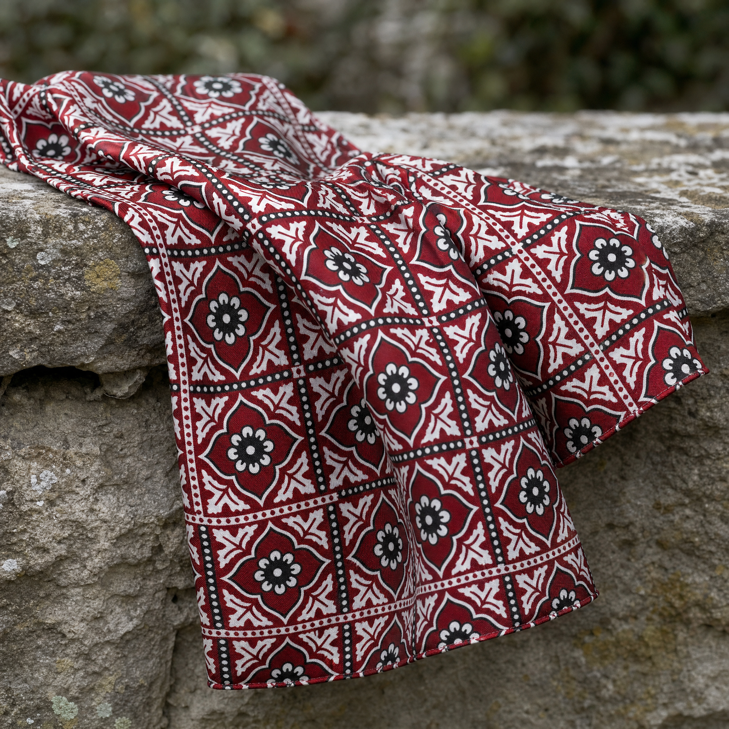Traditional Ajrak Silk Pocket Square (Luxe Collection) — 100% silk pocket square, draped detail
