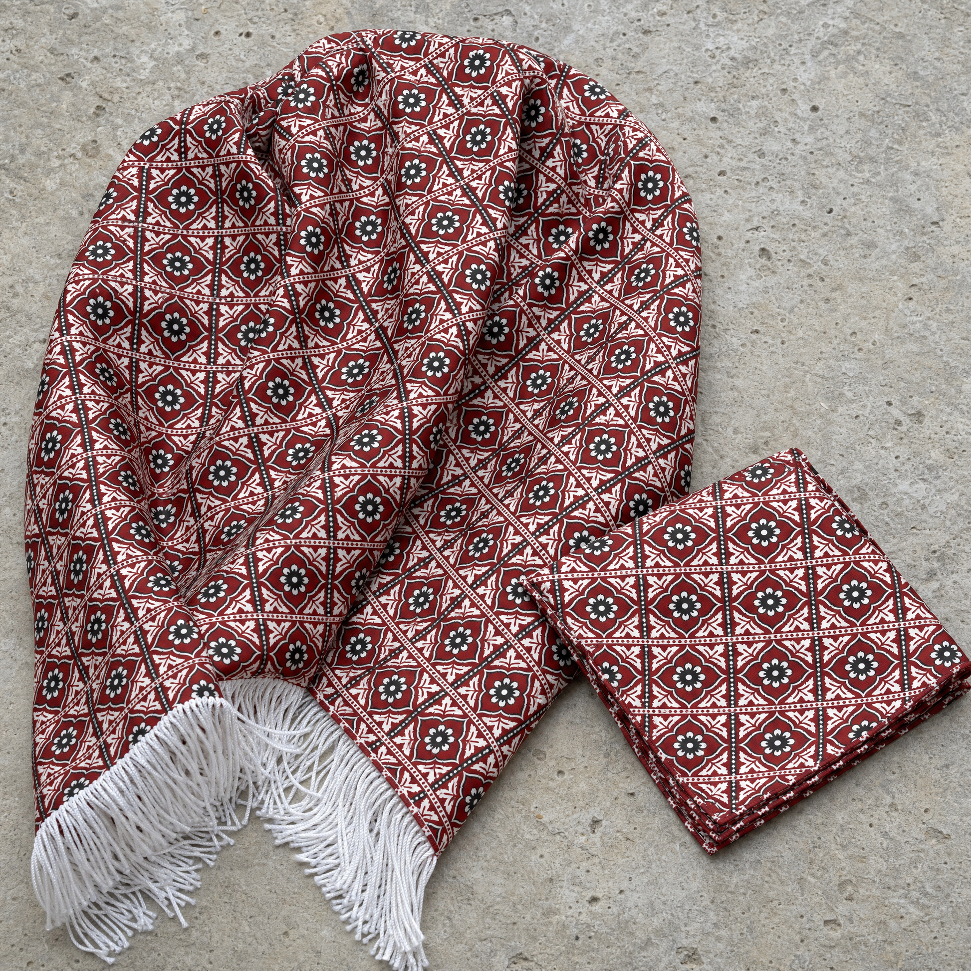 Traditional Ajrak Silk Scarf And Pocket Square Set (Luxe Collection) — 100% silk scarf, draped detail