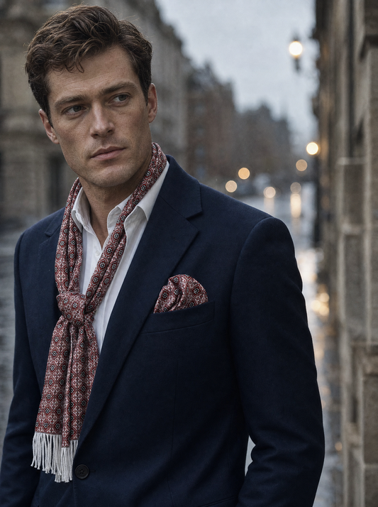 Traditional Ajrak Silk Scarf And Pocket Square Set (Luxe Collection) worn by a model — men's scarf