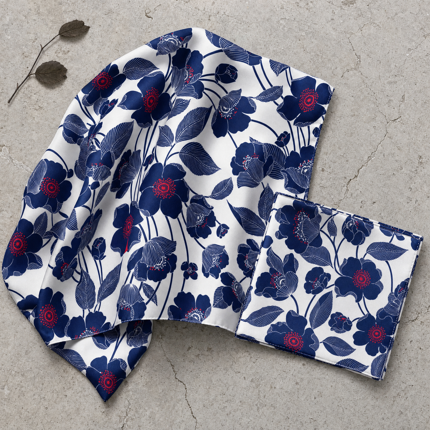 W21-Brf1 Silk Scarf & Pocket Square Set — 100% silk scarf, draped detail