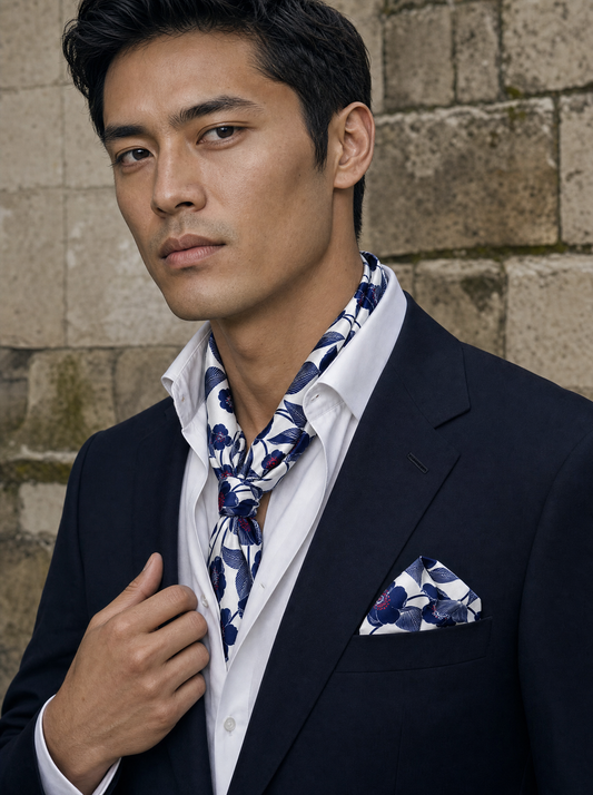 W21-Brf1 Silk Scarf & Pocket Square Set worn by a model — men's scarf