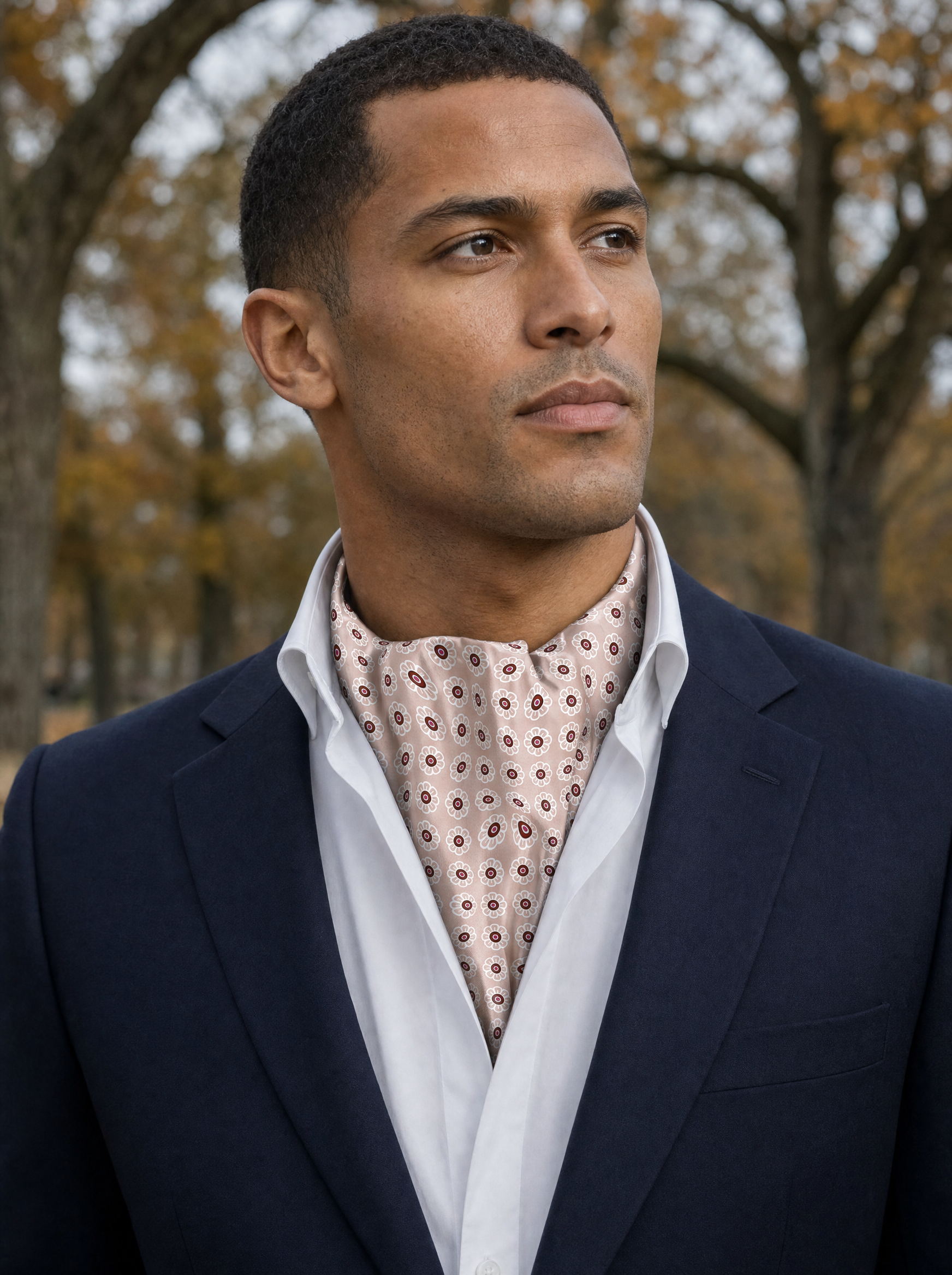W21-Daisy Silk Cravat worn by a model — men's cravat