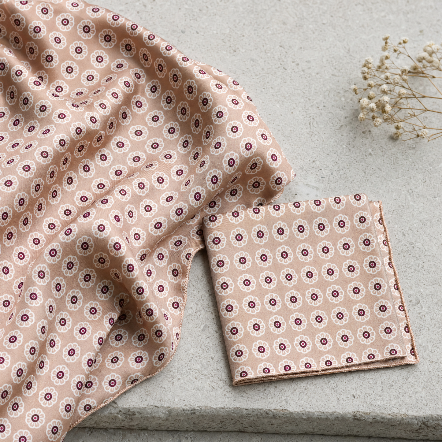 W21- Daisy Silk Scarf & Pocket Square Set — 100% silk scarf, draped detail