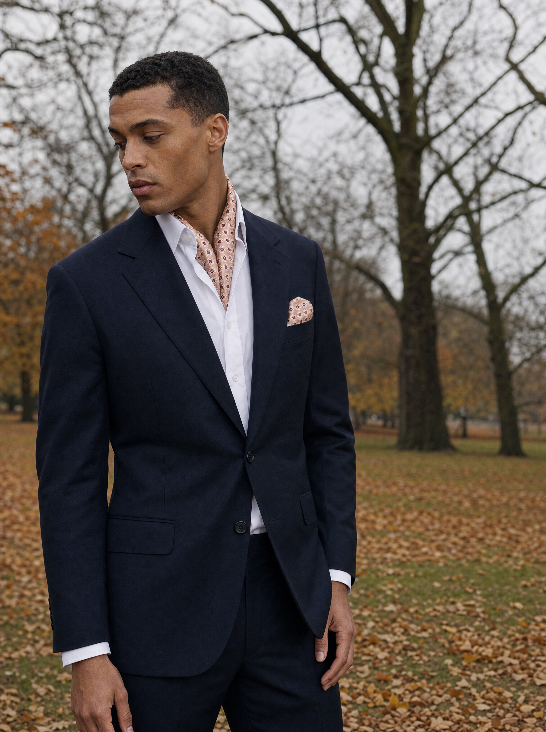 W21- Daisy Silk Scarf & Pocket Square Set worn by a model — men's scarf