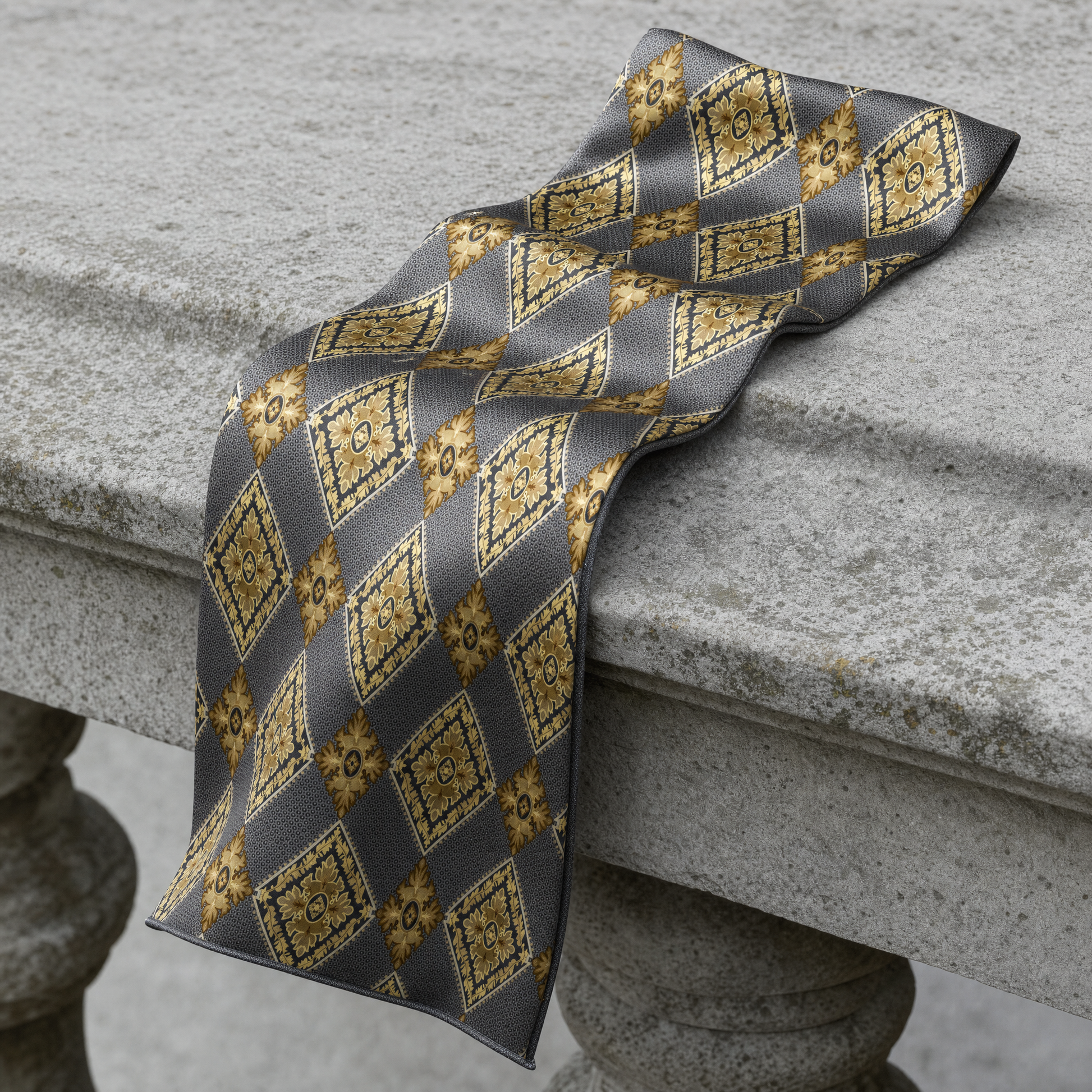 W21- Diamond Brick Silk Cravat — 100% silk cravat, draped detail