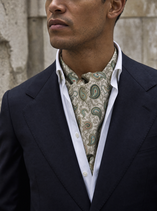 W21- Robe Of Honour Silk Cravat worn by a model — men's cravat