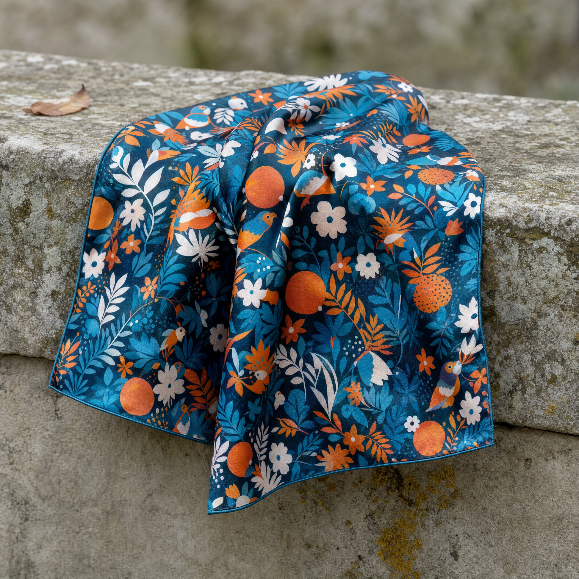 W21-Tropica Bird Silk Cravat — 100% silk cravat, draped detail