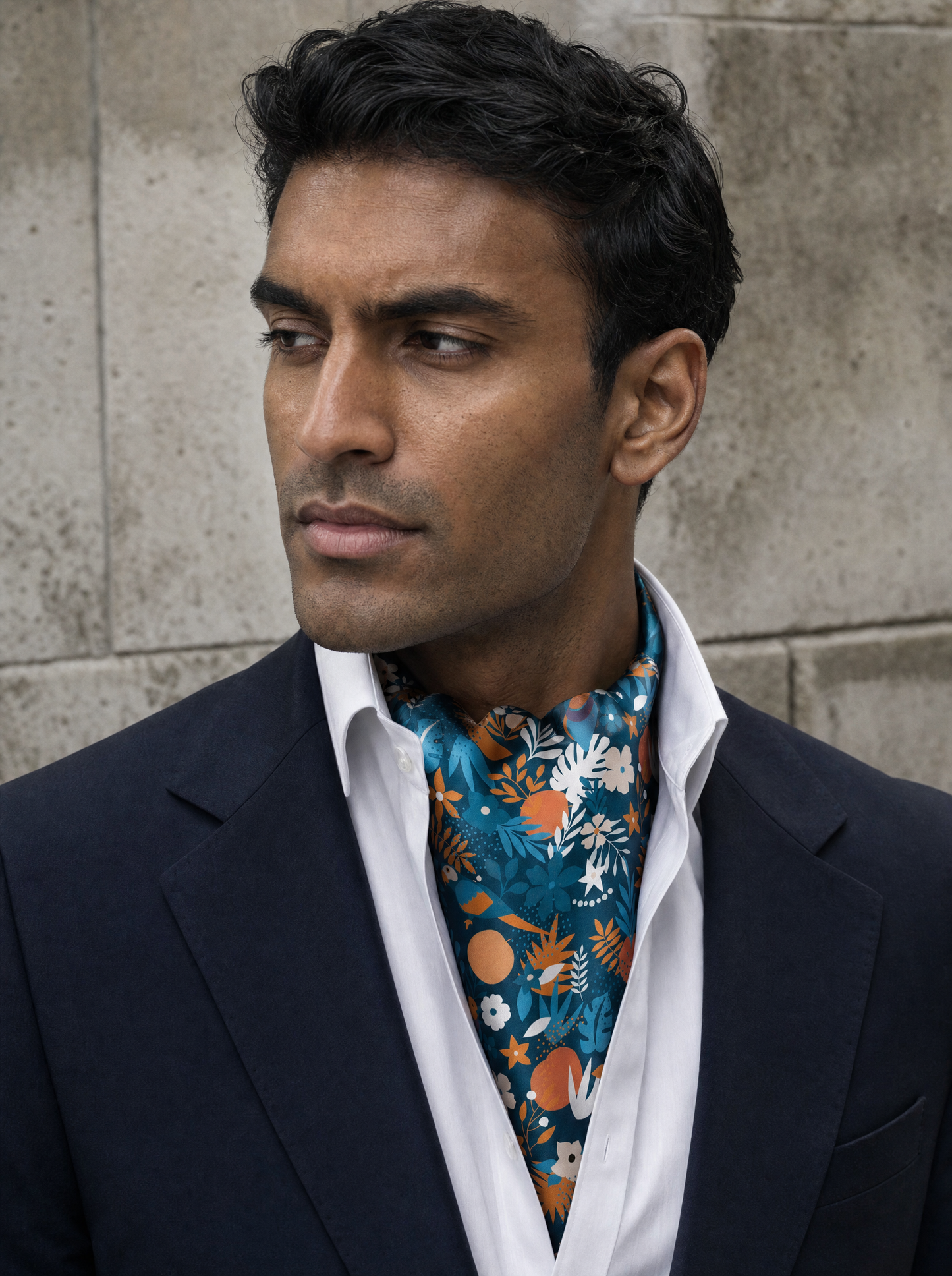 W21-Tropica Bird Silk Cravat worn by a model — men's cravat