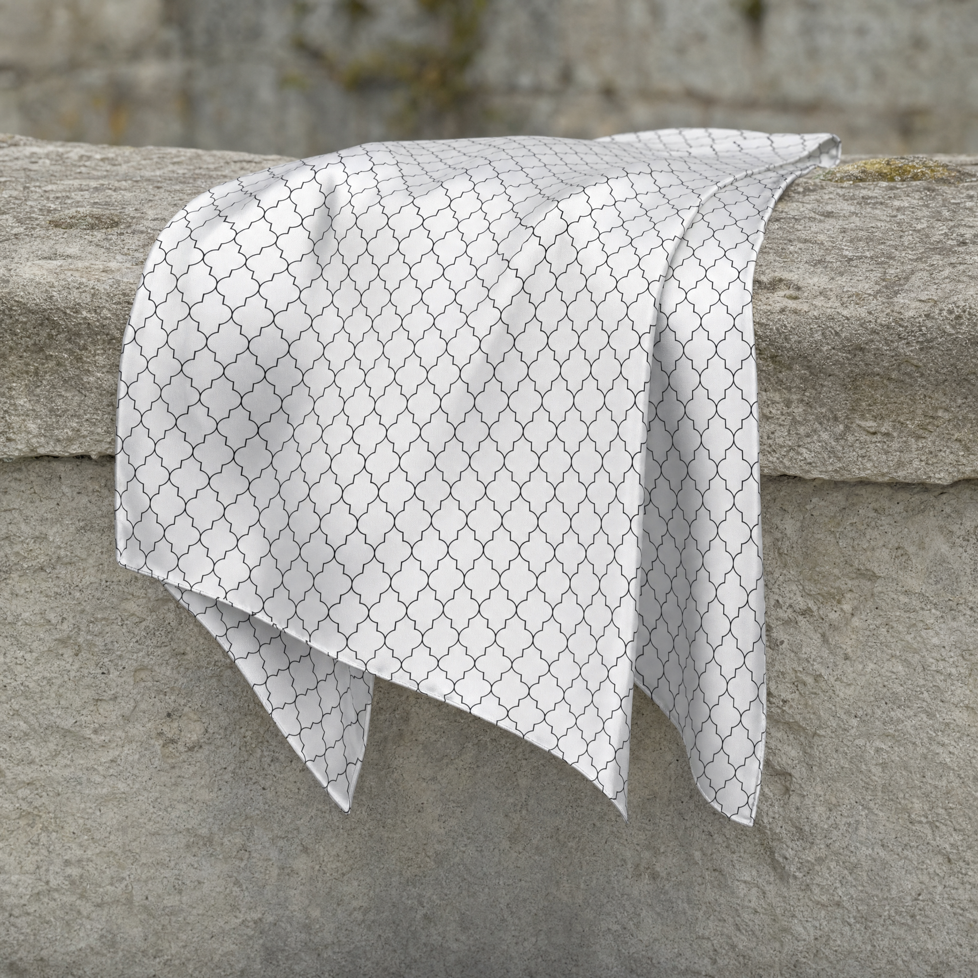 White Black Tartan Silk Cravat — 100% silk cravat, draped detail