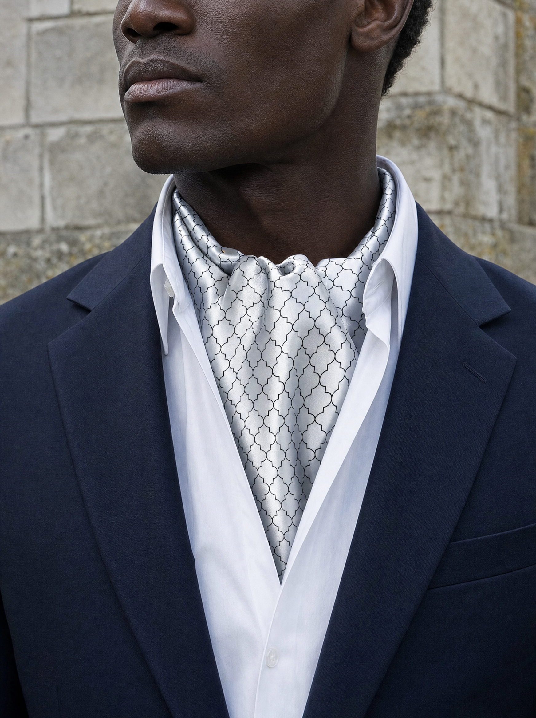 White Black Tartan Silk Cravat worn by a model — men's cravat