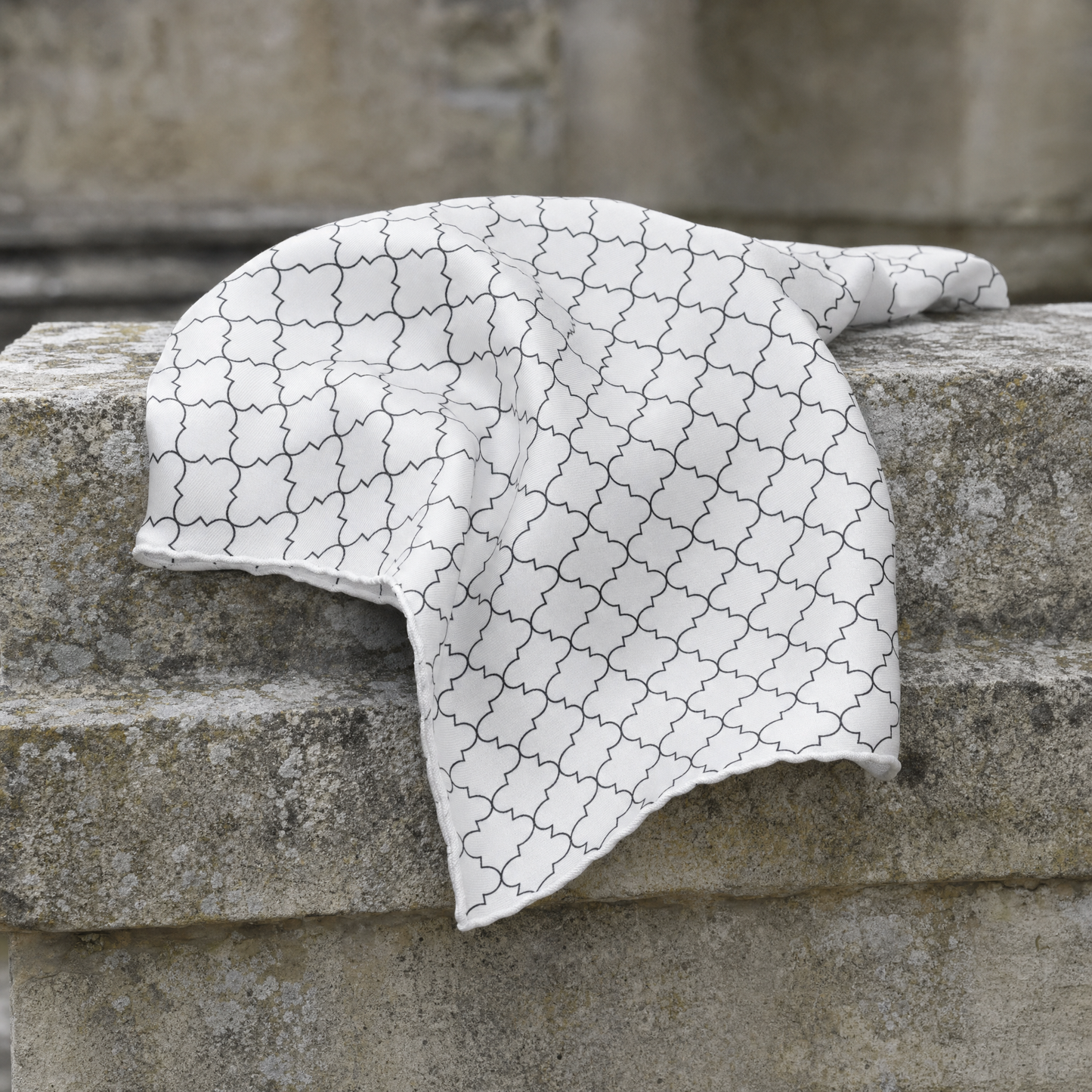 White Black Tartan Silk Pocket Square — 100% silk pocket square, draped detail