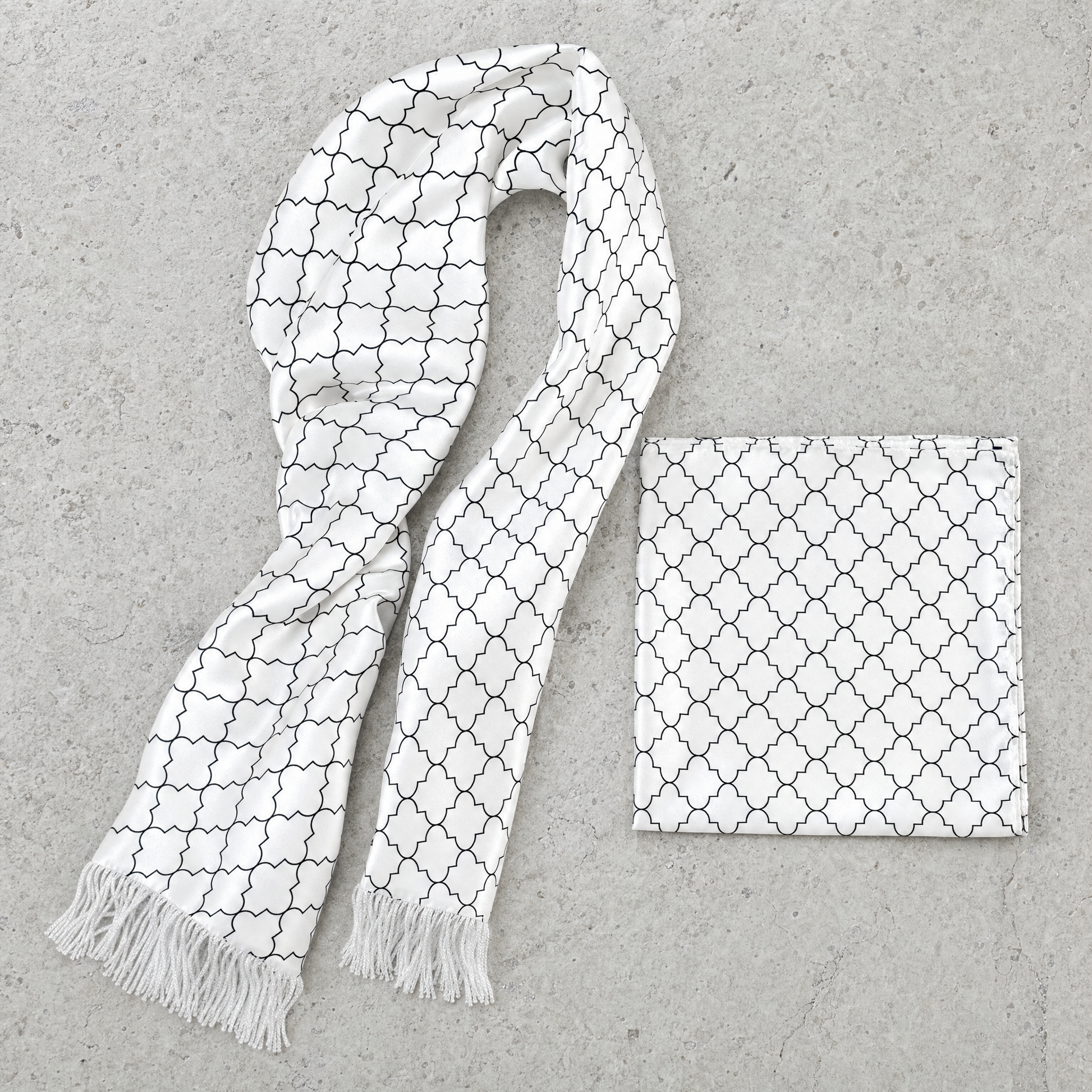 White Black Tartan Silk Scarf & Pocket Square Set — 100% silk scarf, draped detail