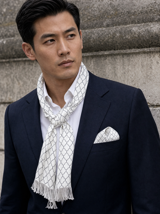 White Black Tartan Silk Scarf & Pocket Square Set worn by a model — men's scarf