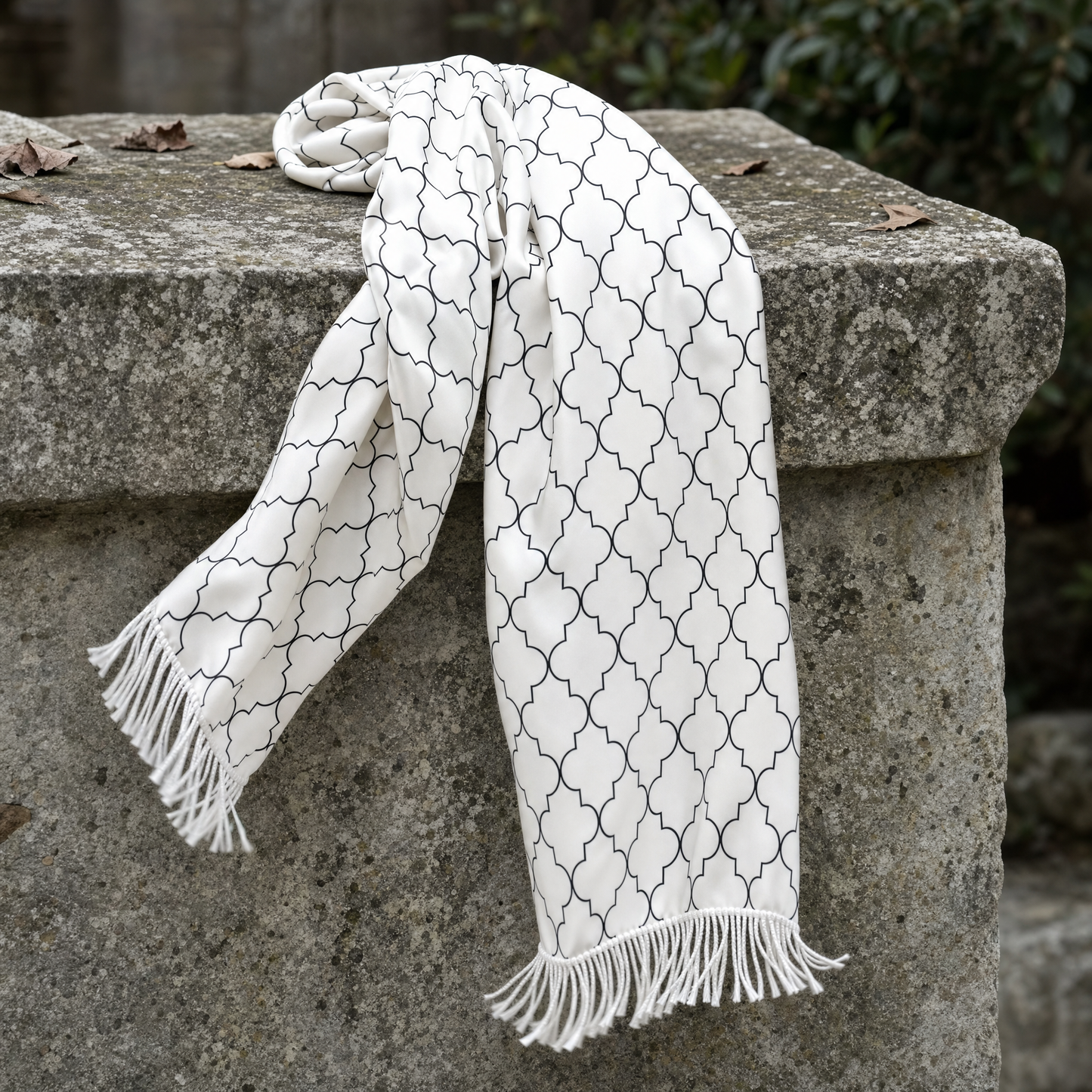 White Black Tartan Silk Scarf — 100% silk scarf, draped detail