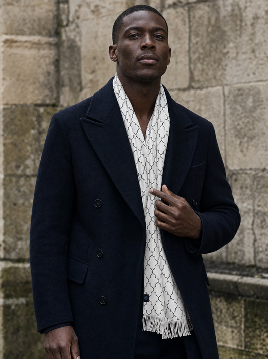 White Black Tartan Silk Scarf worn by a model — men's scarf