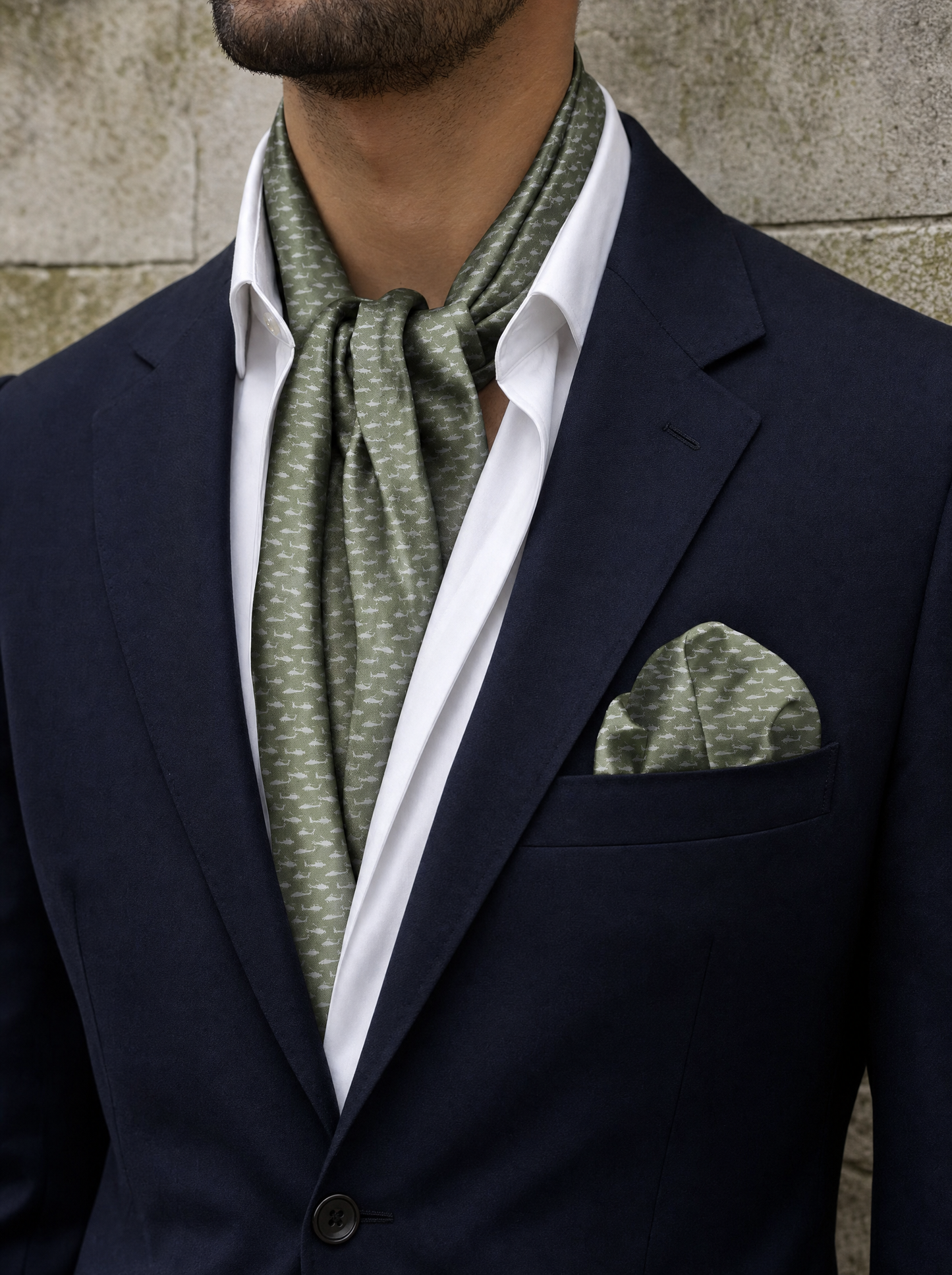Wings Of Courage Air Force Scarf & Pocket Square Set worn by a model — men's scarf