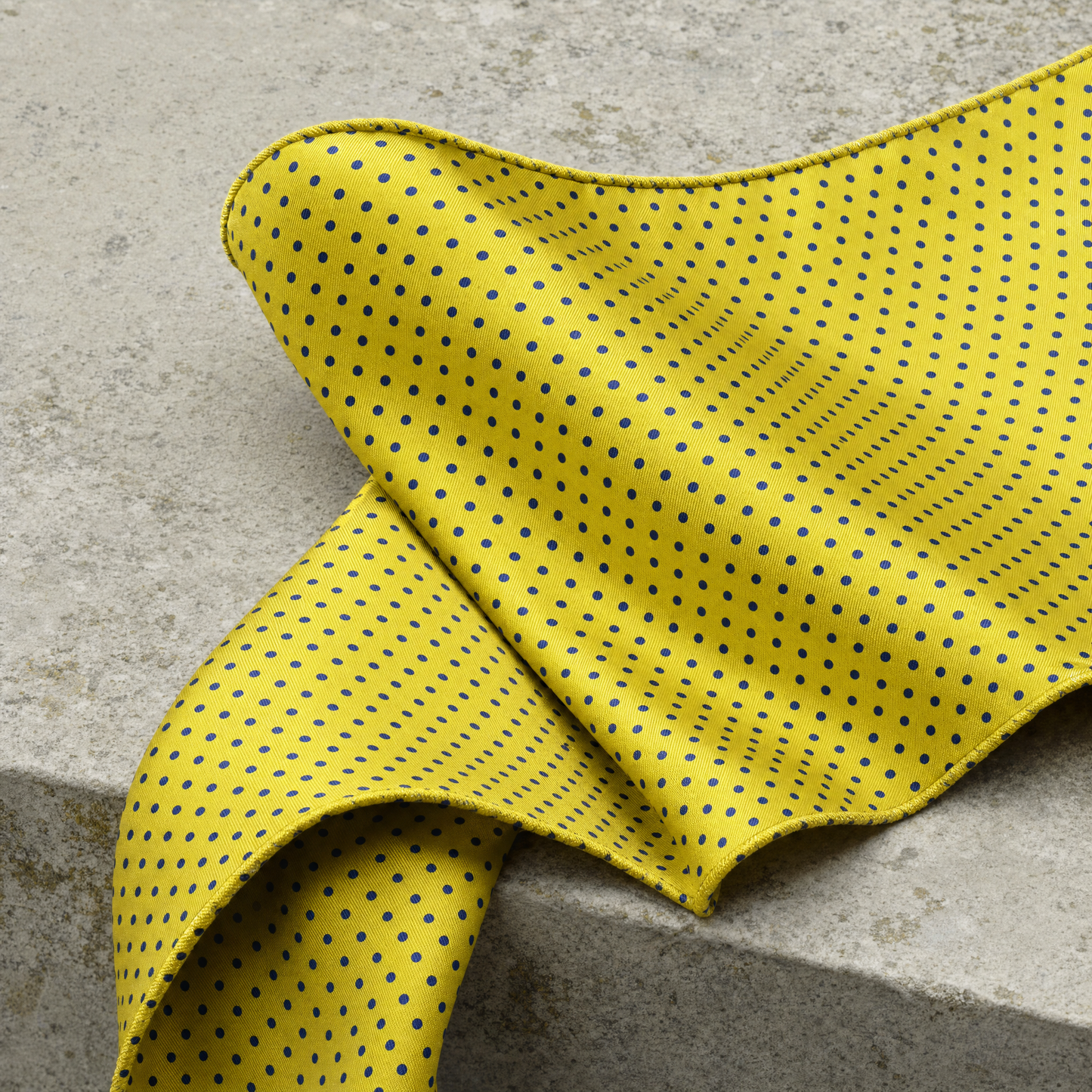 Yellow With Black Polka Silk Cravat — 100% silk cravat, draped detail