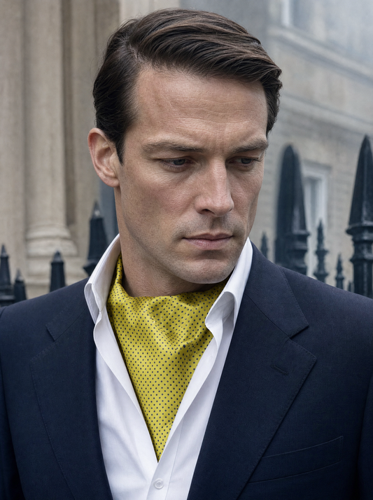 Yellow With Black Polka Silk Cravat worn by a model — men's cravat