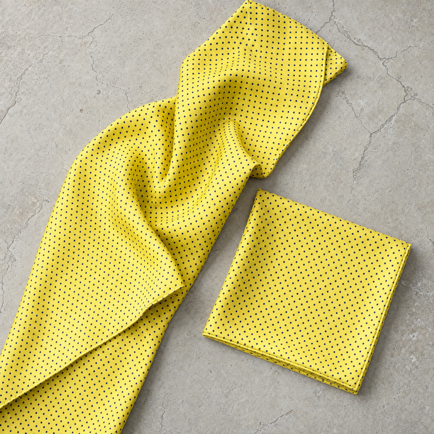 Yellow With Black Polka Silk Scarf & Pocket Square — 100% silk scarf, draped detail