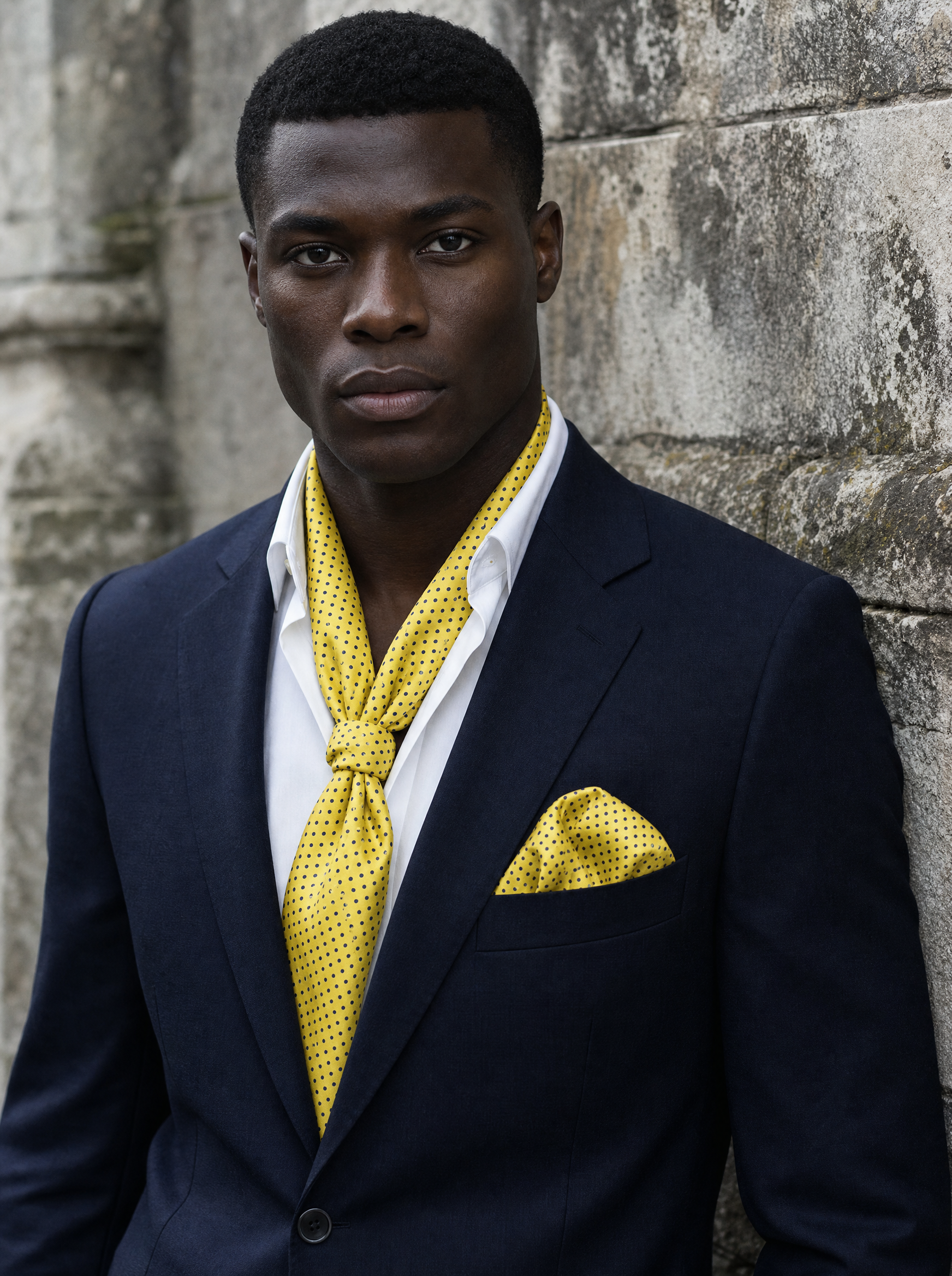 Yellow With Black Polka Silk Scarf & Pocket Square worn by a model — men's scarf