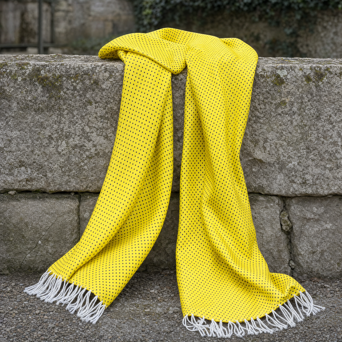 Yellow With Black Polka Silk Scarf — 100% silk scarf, draped detail