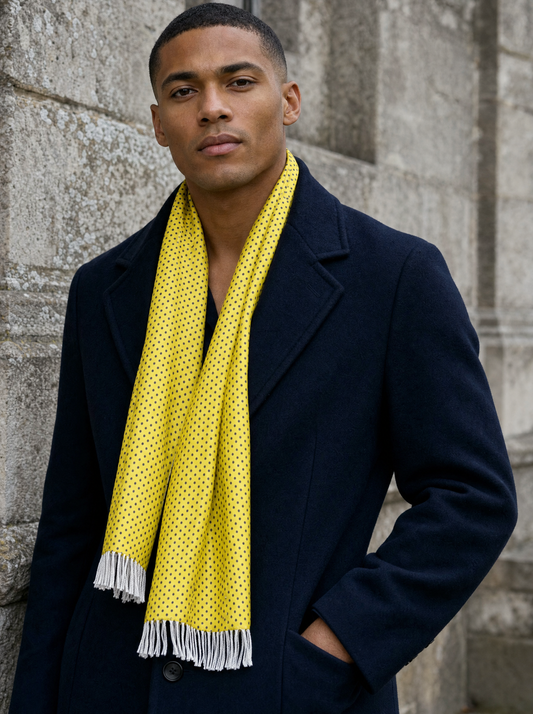 Yellow With Black Polka Silk Scarf worn by a model — men's scarf